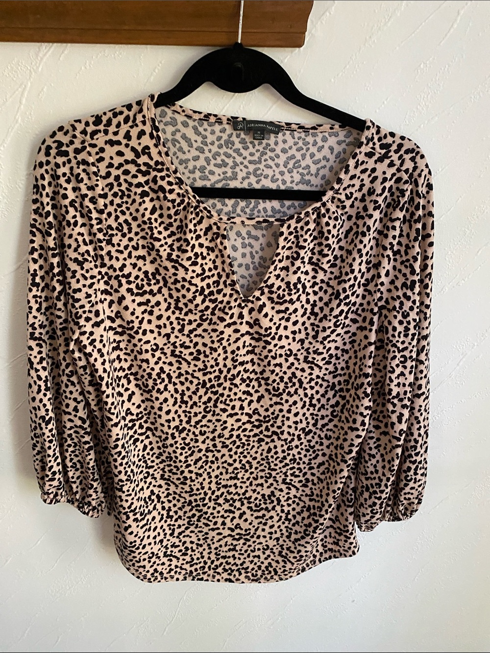 Adrianna Papell Blush and Black Leopard Print Notch-Neck Blouse